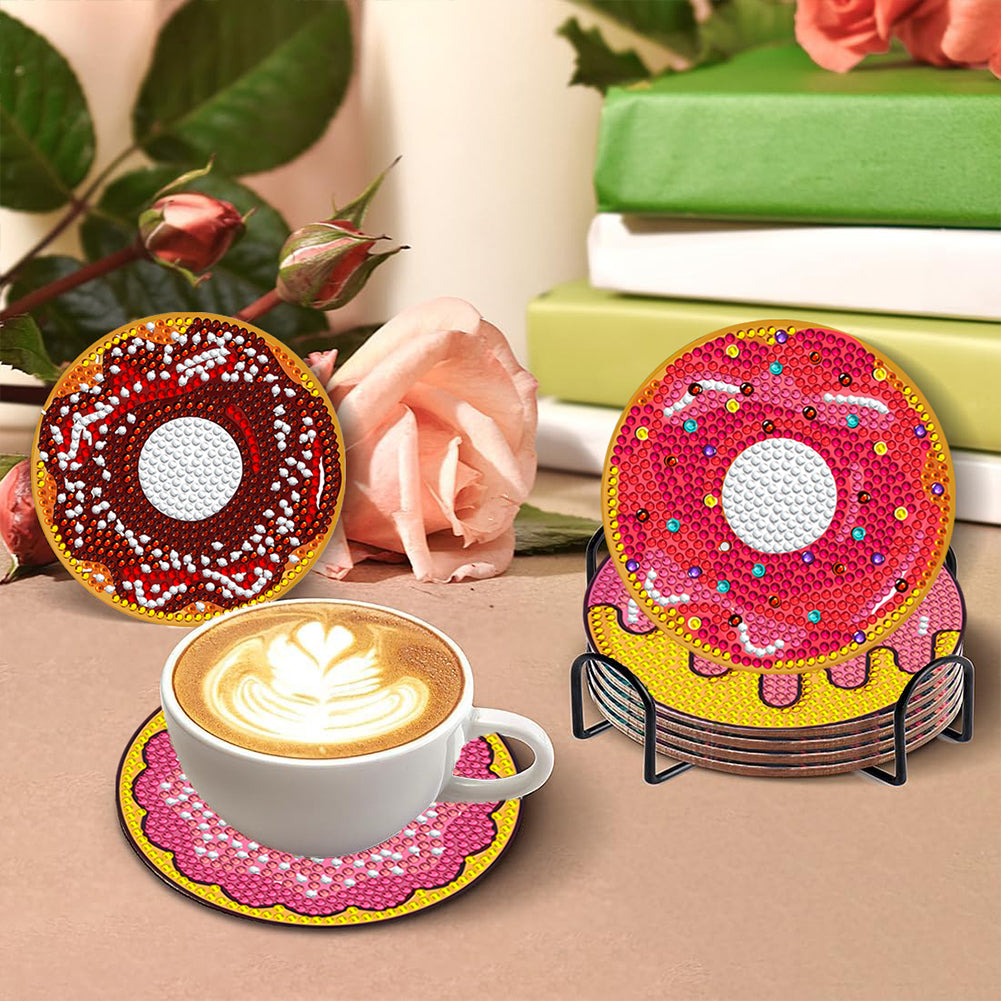 8 PCS Wooden Diamond Painting Coasters Kits with Holder for Adult Kid (Doughnut)