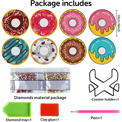 8 PCS Wooden Diamond Painting Coasters Kits with Holder for Adult Kid (Doughnut)