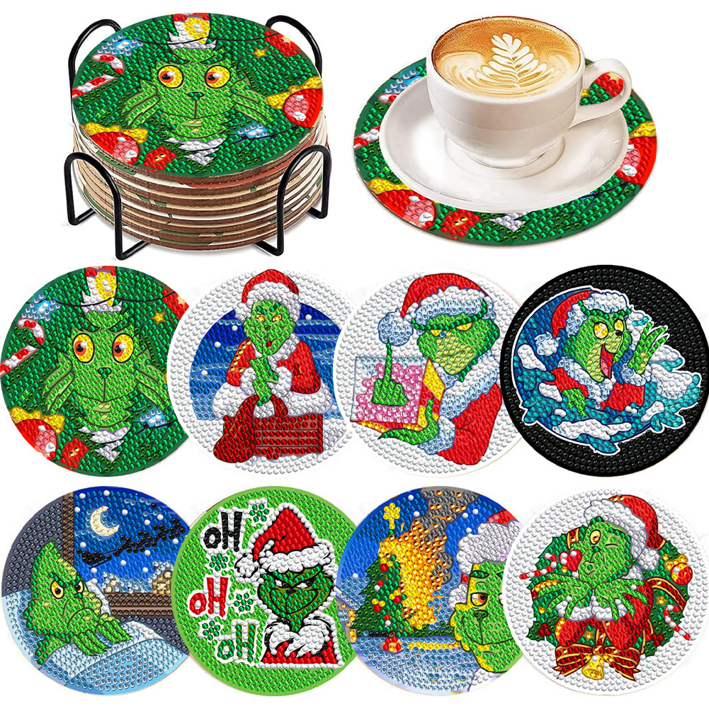 8 PCS Wooden Diamond Painting Coasters Kits with Holder for Adult Kid (Grinch)