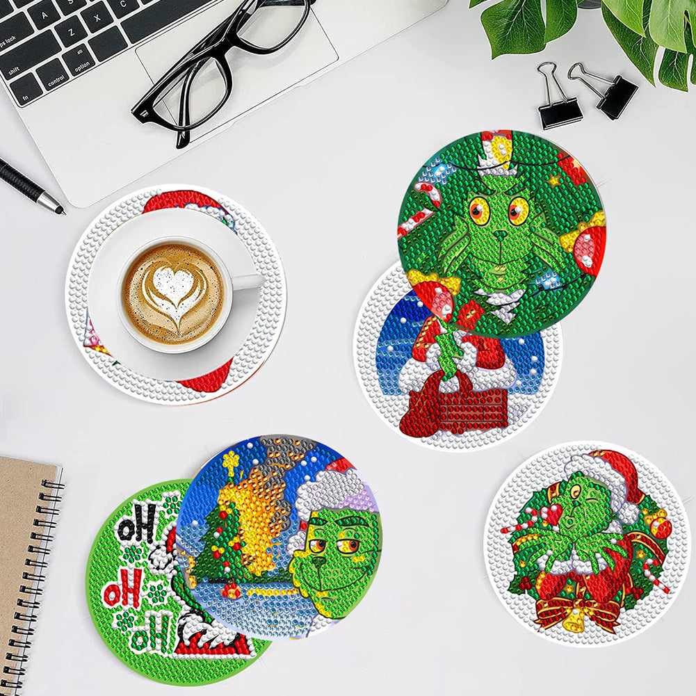 8 PCS Wooden Diamond Painting Coasters Kits with Holder for Adult Kid (Grinch)