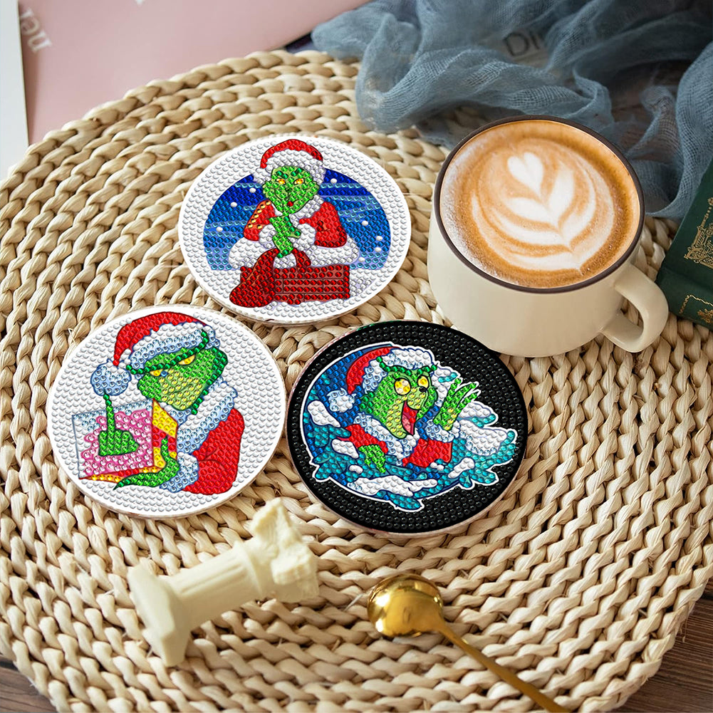 8 PCS Wooden Diamond Painting Coasters Kits with Holder for Adult Kid (Grinch)