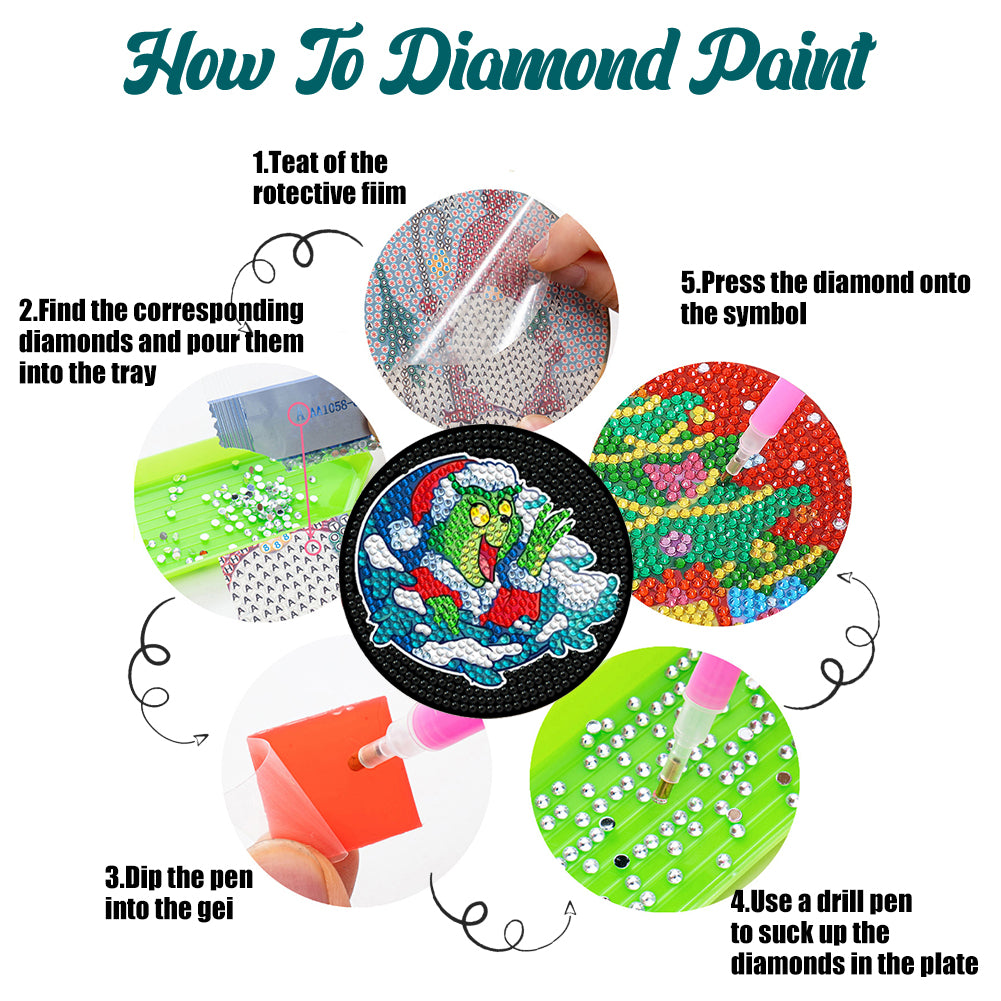 8 PCS Wooden Diamond Painting Coasters Kits with Holder for Adult Kid (Grinch)