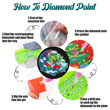 8 PCS Wooden Diamond Painting Coasters Kits with Holder for Adult Kid (Grinch)