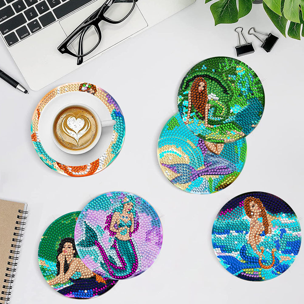 8 PCS Wooden Diamond Painting Coasters Kits with Holder for Adult Kid (Mermaid)