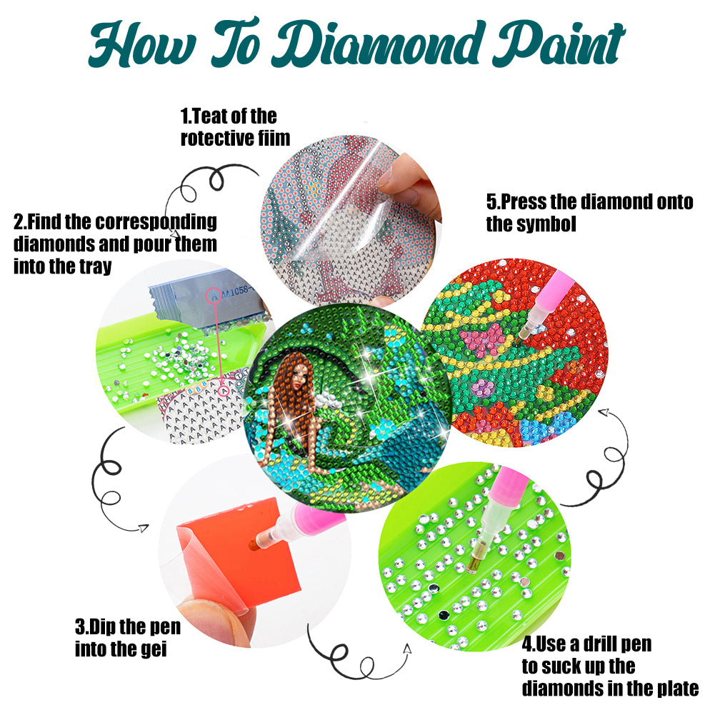 8 PCS Wooden Diamond Painting Coasters Kits with Holder for Adult Kid (Mermaid)