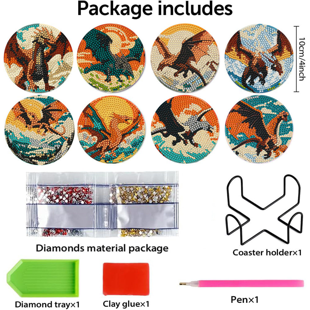 8 PCS Wooden Diamond Painting Coasters Kits with Holder for Adult Kid (Dragon)