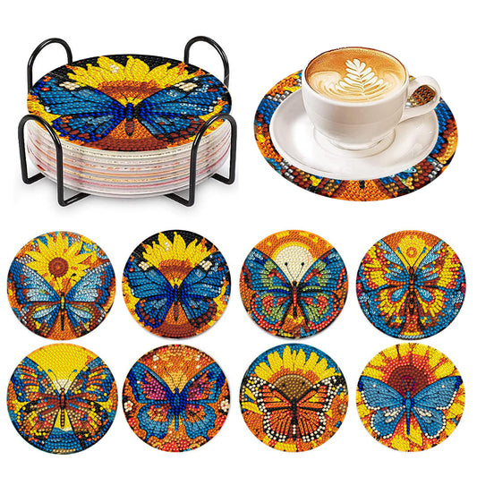 8 PCS Wooden Diamond Painting Coasters Kits with Holder for Adult Kid(Butterfly)