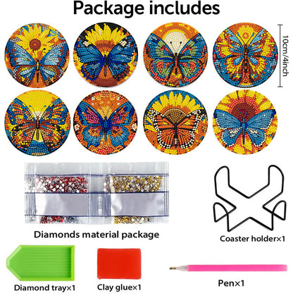 8 PCS Wooden Diamond Painting Coasters Kits with Holder for Adult Kid(Butterfly)