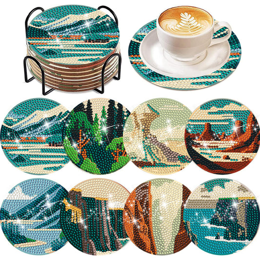 8 PCS Wooden Diamond Painting Coasters Kits with Holder for Adult Kid(Landscape)