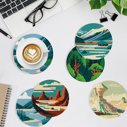 8 PCS Wooden Diamond Painting Coasters Kits with Holder for Adult Kid(Landscape)