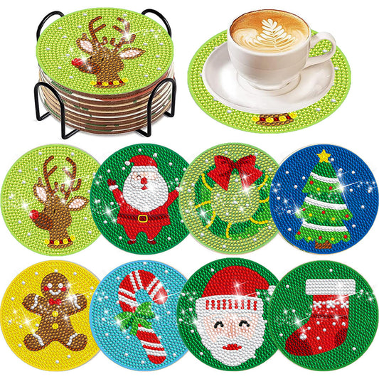 8 PCS Wooden Diamond Painting Coasters with Holder for Adult Kid (Christmas #9)