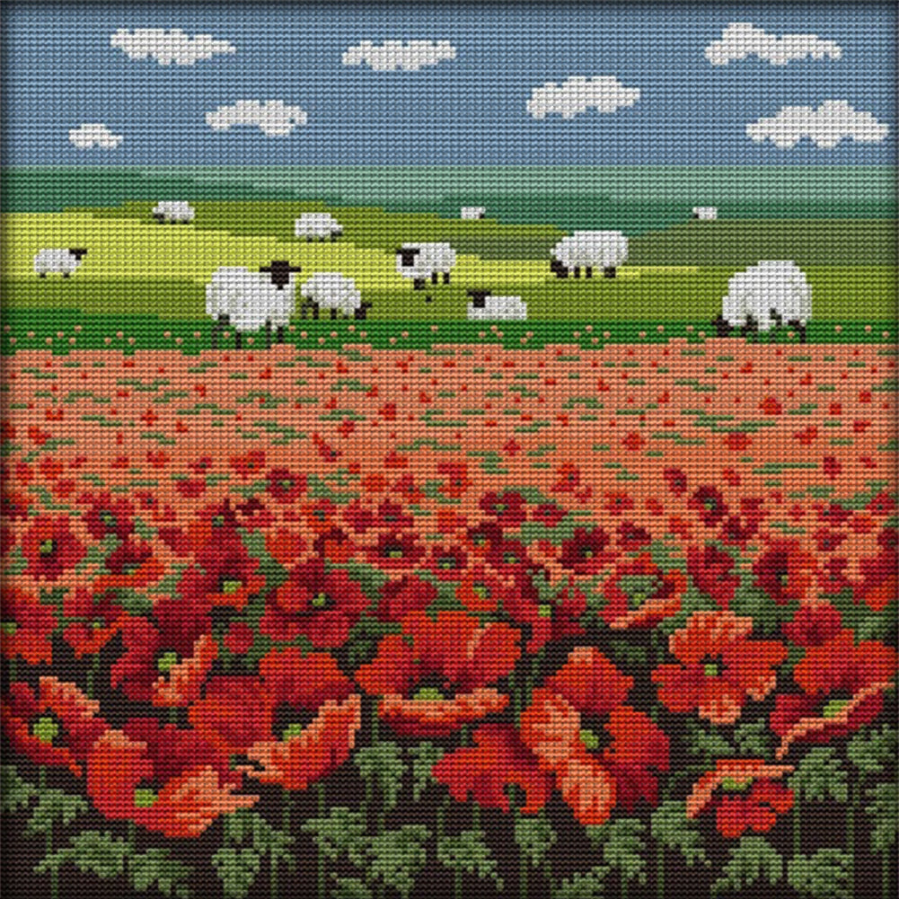 Poppy Flowers And Sheep - 14CT Stamped Cross Stitch 35*35CM(Joy Sunday)