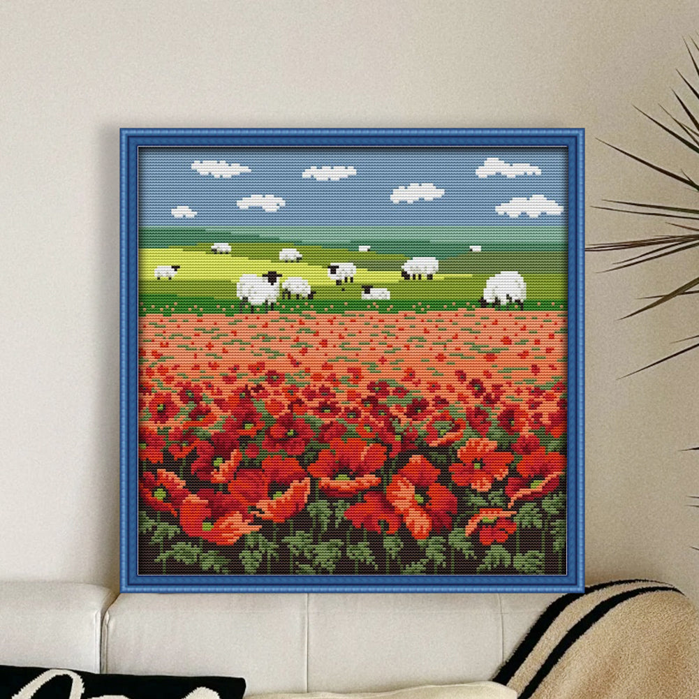 Poppy Flowers And Sheep - 14CT Stamped Cross Stitch 35*35CM(Joy Sunday)