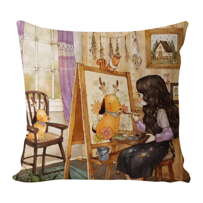 17.72x17.72In Painting Girl Cross Stitch Pillow Kit for Kids Adults Sewing Craft