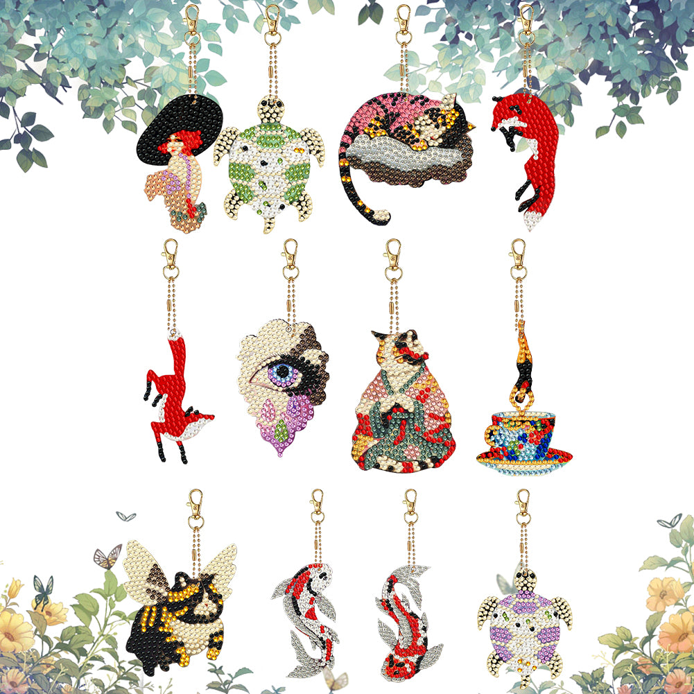 12 PCS Fox Cat Double Sided Diamond Painting Keychain for Beginners Adults Kids