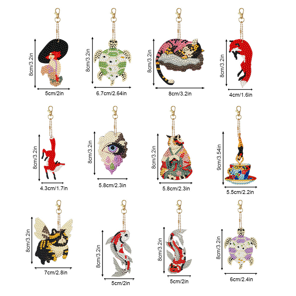 12 PCS Fox Cat Double Sided Diamond Painting Keychain for Beginners Adults Kids