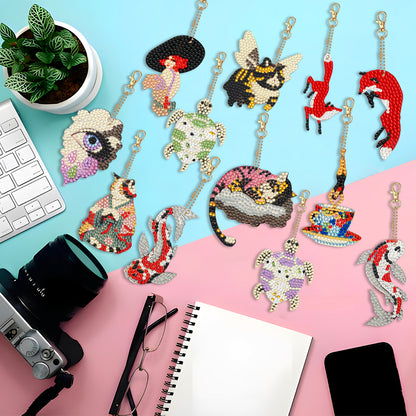 12 PCS Fox Cat Double Sided Diamond Painting Keychain for Beginners Adults Kids