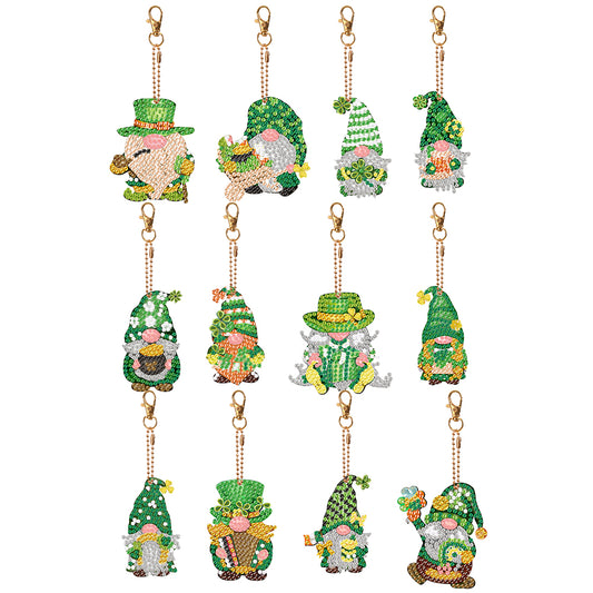 12 PCS Gnome Double Sided Special Shape Diamond Painting Keychain Pendant(Green)