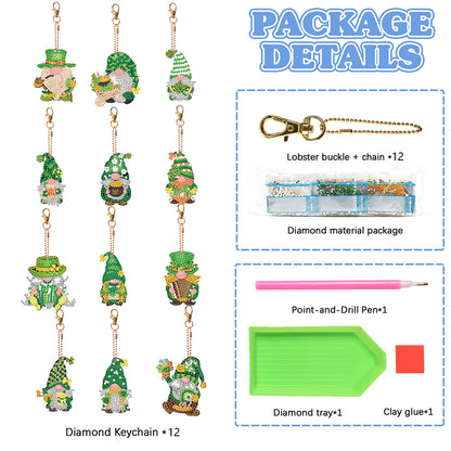 12 PCS Gnome Double Sided Special Shape Diamond Painting Keychain Pendant(Green)