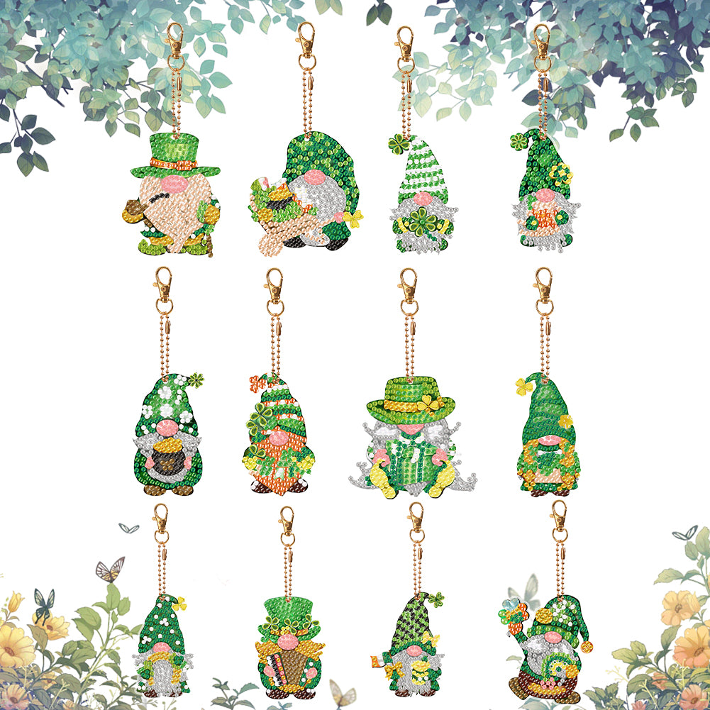 12 PCS Gnome Double Sided Special Shape Diamond Painting Keychain Pendant(Green)