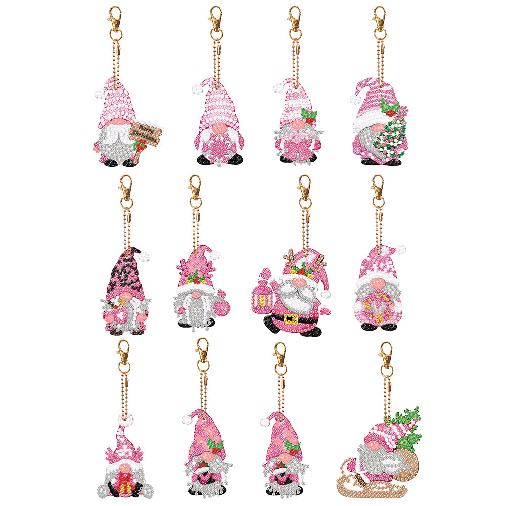 12 PCS Gnome Double Sided Special Shape Diamond Painting Keychain Pendant (Pink)