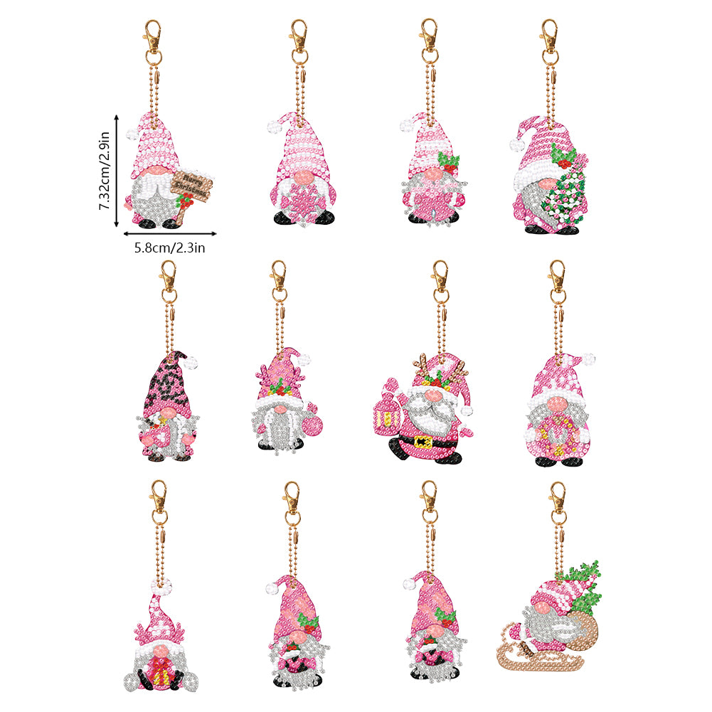 12 PCS Gnome Double Sided Special Shape Diamond Painting Keychain Pendant (Pink)