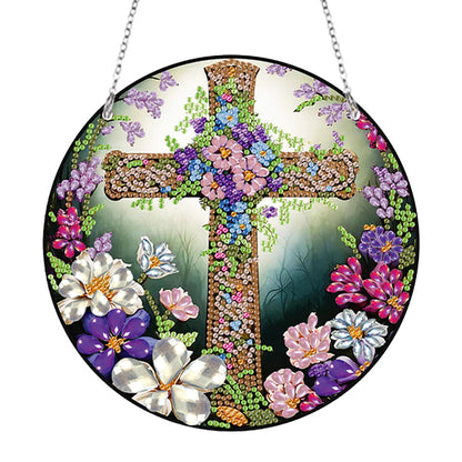 Acrylic Flower Cross Single-Sided Round Diamond Painting Hanging Pendant 20x20cm