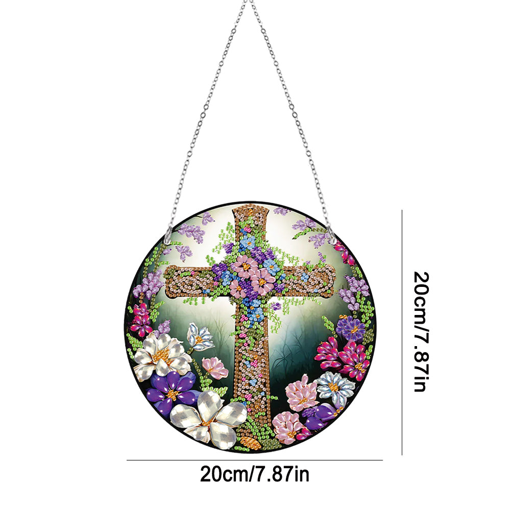 Acrylic Flower Cross Single-Sided Round Diamond Painting Hanging Pendant 20x20cm