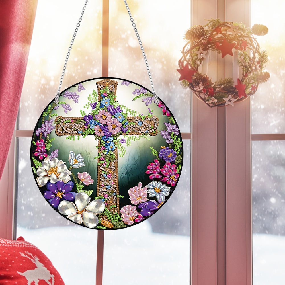 Acrylic Flower Cross Single-Sided Round Diamond Painting Hanging Pendant 20x20cm