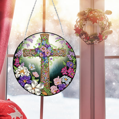 Acrylic Flower Cross Single-Sided Round Diamond Painting Hanging Pendant 20x20cm