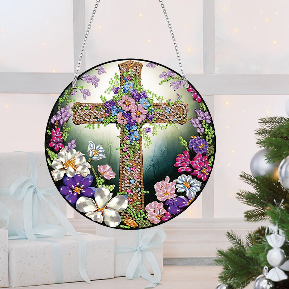 Acrylic Flower Cross Single-Sided Round Diamond Painting Hanging Pendant 20x20cm