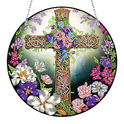 Acrylic Flower Cross Single-Sided Round Diamond Painting Hanging Pendant 20x20cm