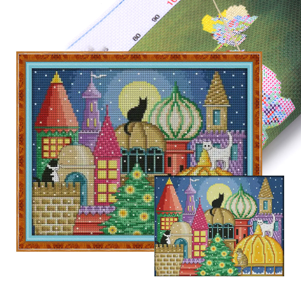 Cat City - 14CT Stamped Cross Stitch 30*25CM(Joy Sunday)