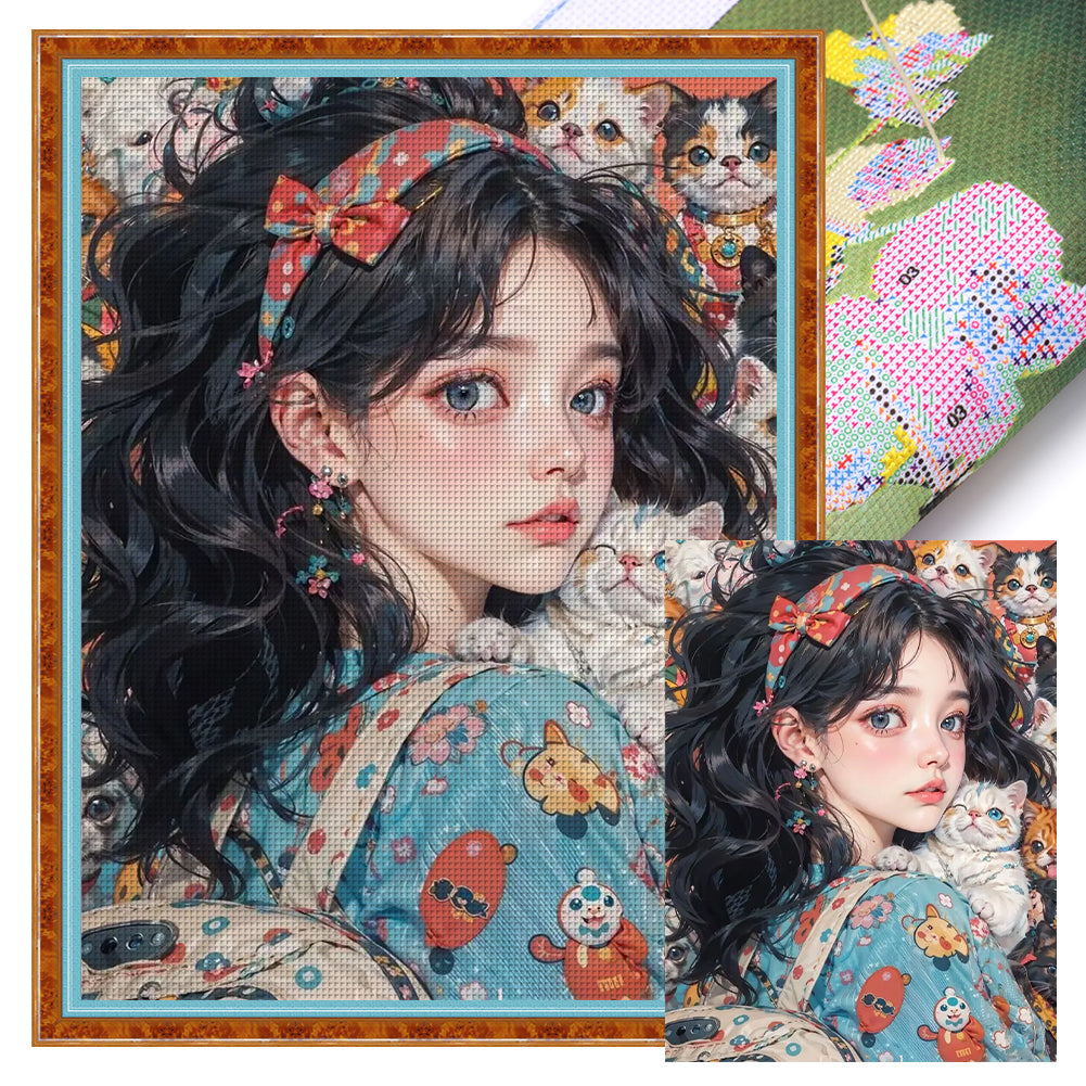 Black-Haired Floral Girl - 11CT Stamped Cross Stitch 40*55CM(Joy Sunday)