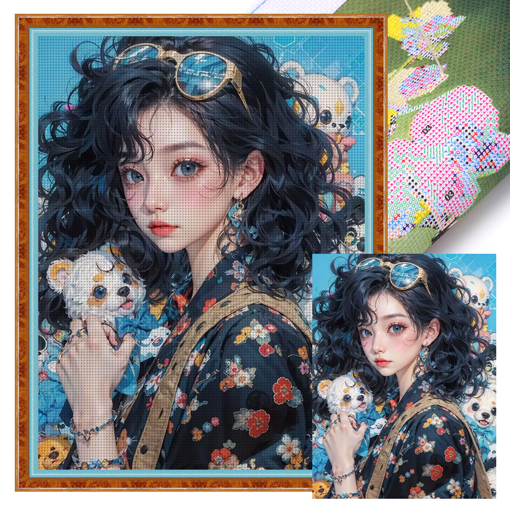 Black-Haired Floral Girl - 11CT Stamped Cross Stitch 40*55CM(Joy Sunday)