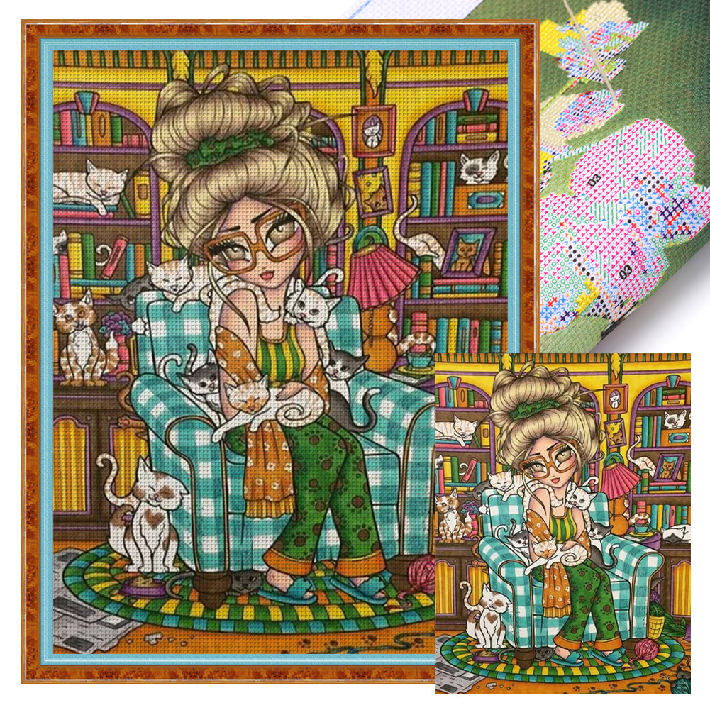 Cartoon Cat Girl With Big Eyes - 14CT Stamped Cross Stitch 40*55CM(Joy Sunday)