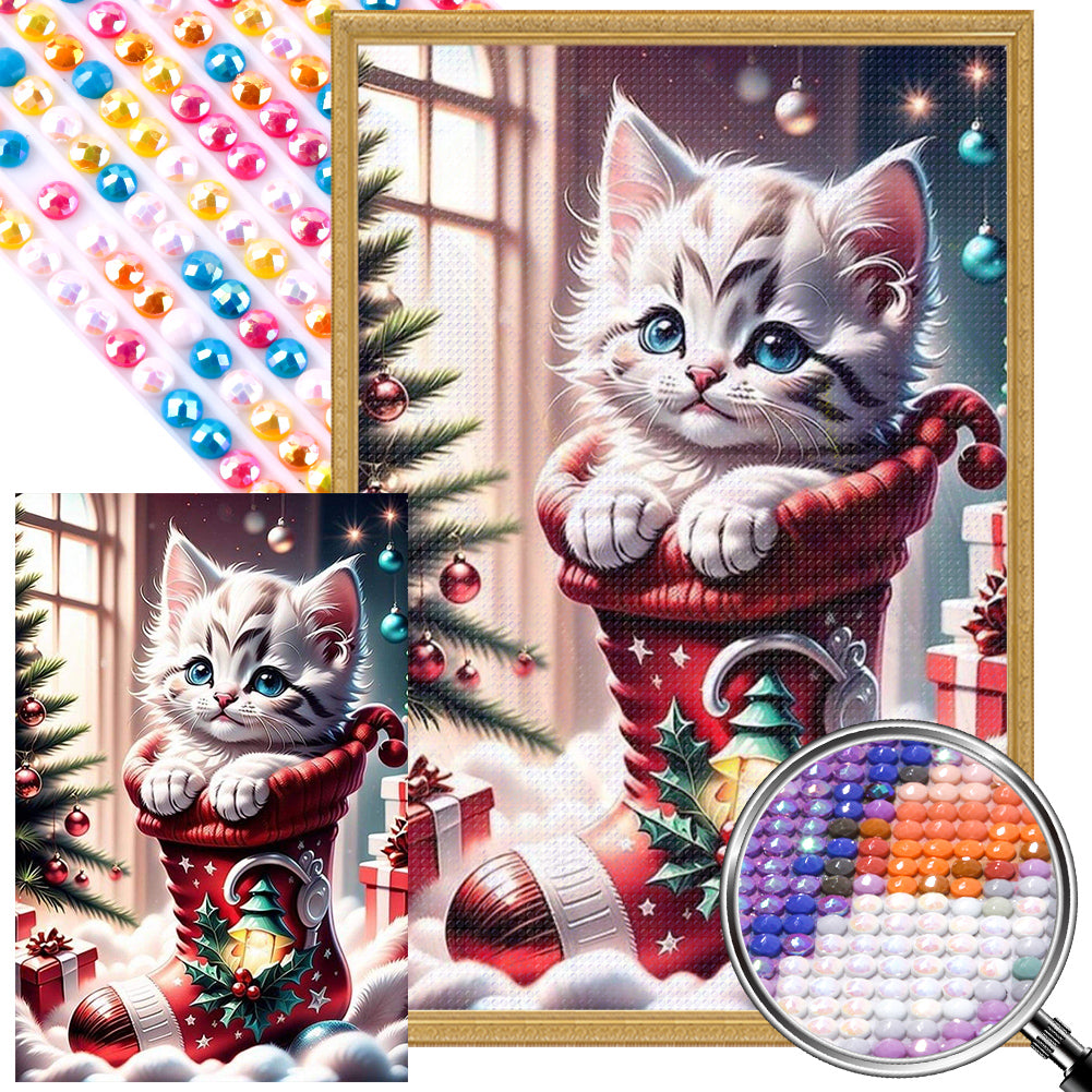 Christmas Stocking Cat - Full AB Round Drill Diamond Painting 40*60CM