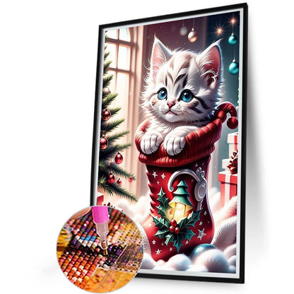 Christmas Stocking Cat - Full AB Round Drill Diamond Painting 40*60CM