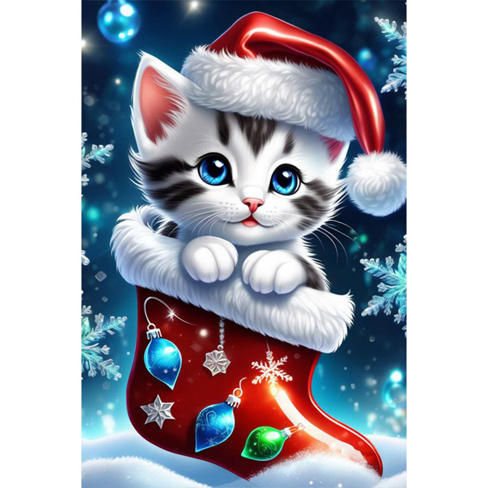 Christmas Stocking Cat - Full AB Round Drill Diamond Painting 40*60CM