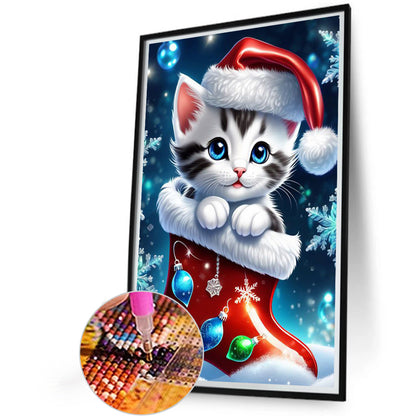 Christmas Stocking Cat - Full AB Round Drill Diamond Painting 40*60CM