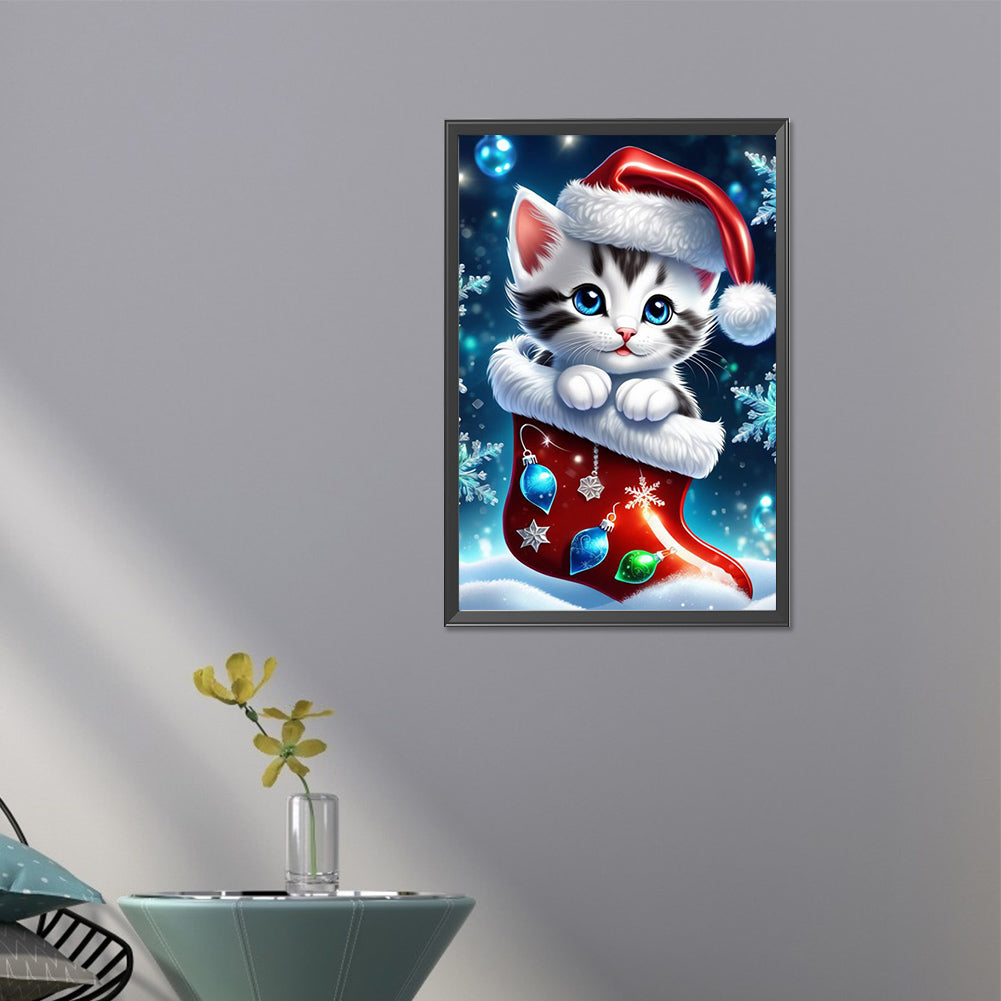 Christmas Stocking Cat - Full AB Round Drill Diamond Painting 40*60CM