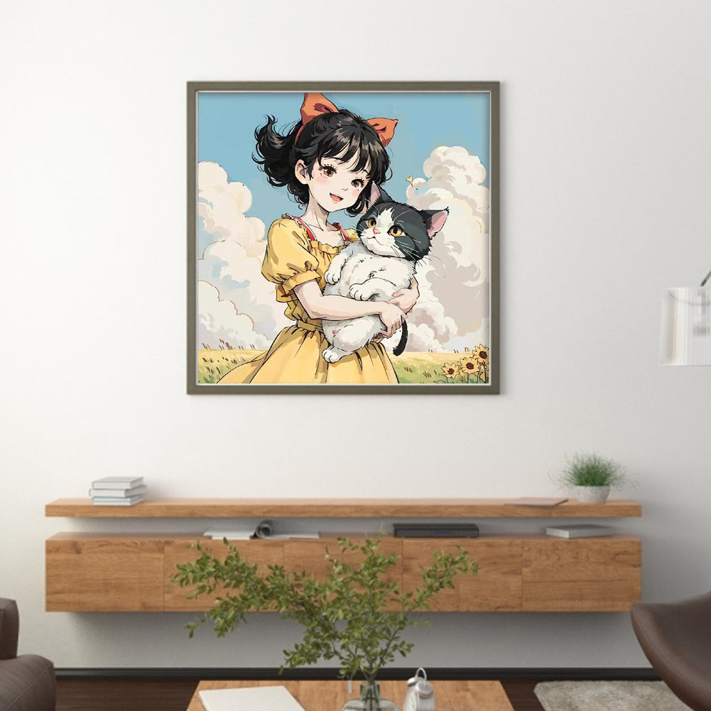 Girl And Cat - 11CT Stamped Cross Stitch 50*50CM(Joy Sunday)