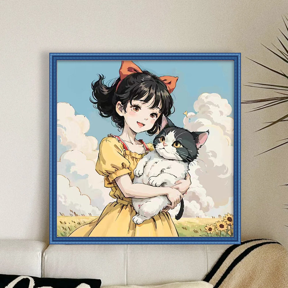 Girl And Cat - 11CT Stamped Cross Stitch 50*50CM(Joy Sunday)