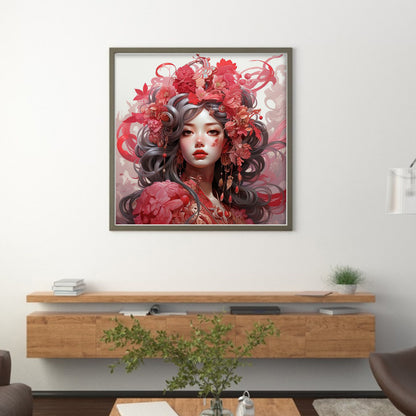 Ancient Style Red Flower Woman - 11CT Stamped Cross Stitch 50*50CM(Joy Sunday)