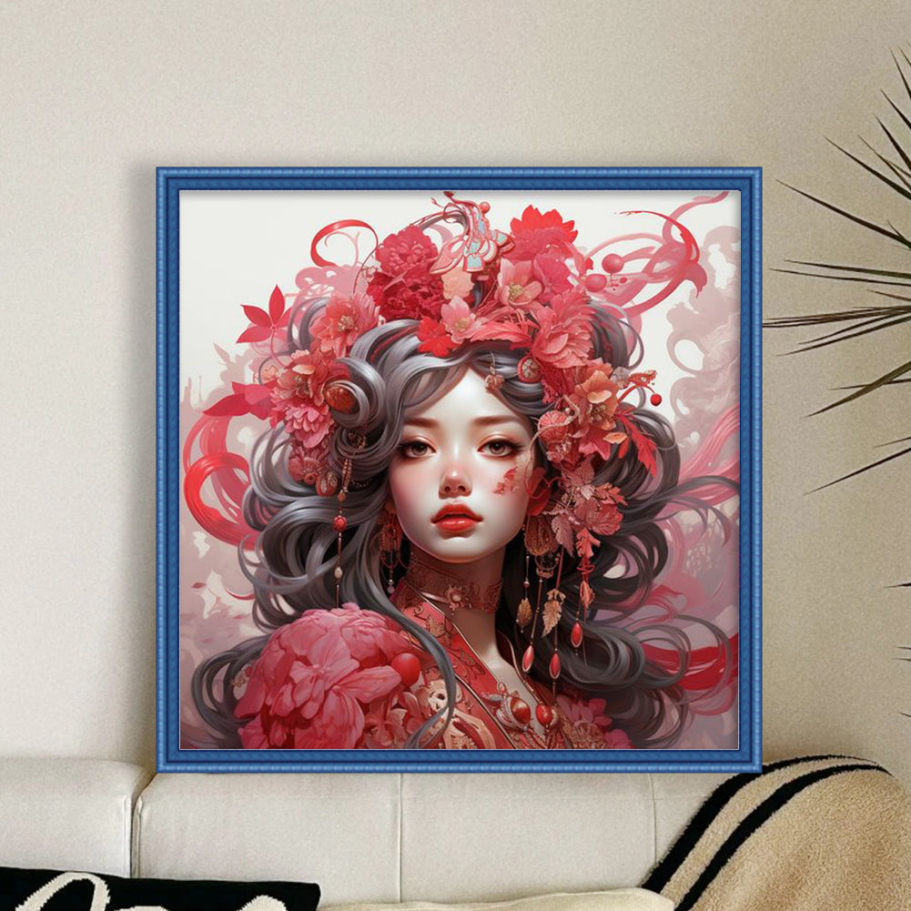 Ancient Style Red Flower Woman - 11CT Stamped Cross Stitch 50*50CM(Joy Sunday)