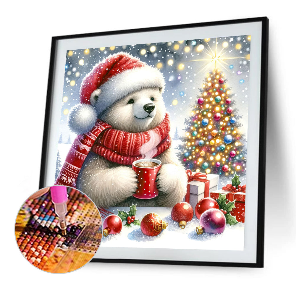 White Bear Drinking Hot Drink In Winter - Full Square Drill Diamond Painting 30*30CM