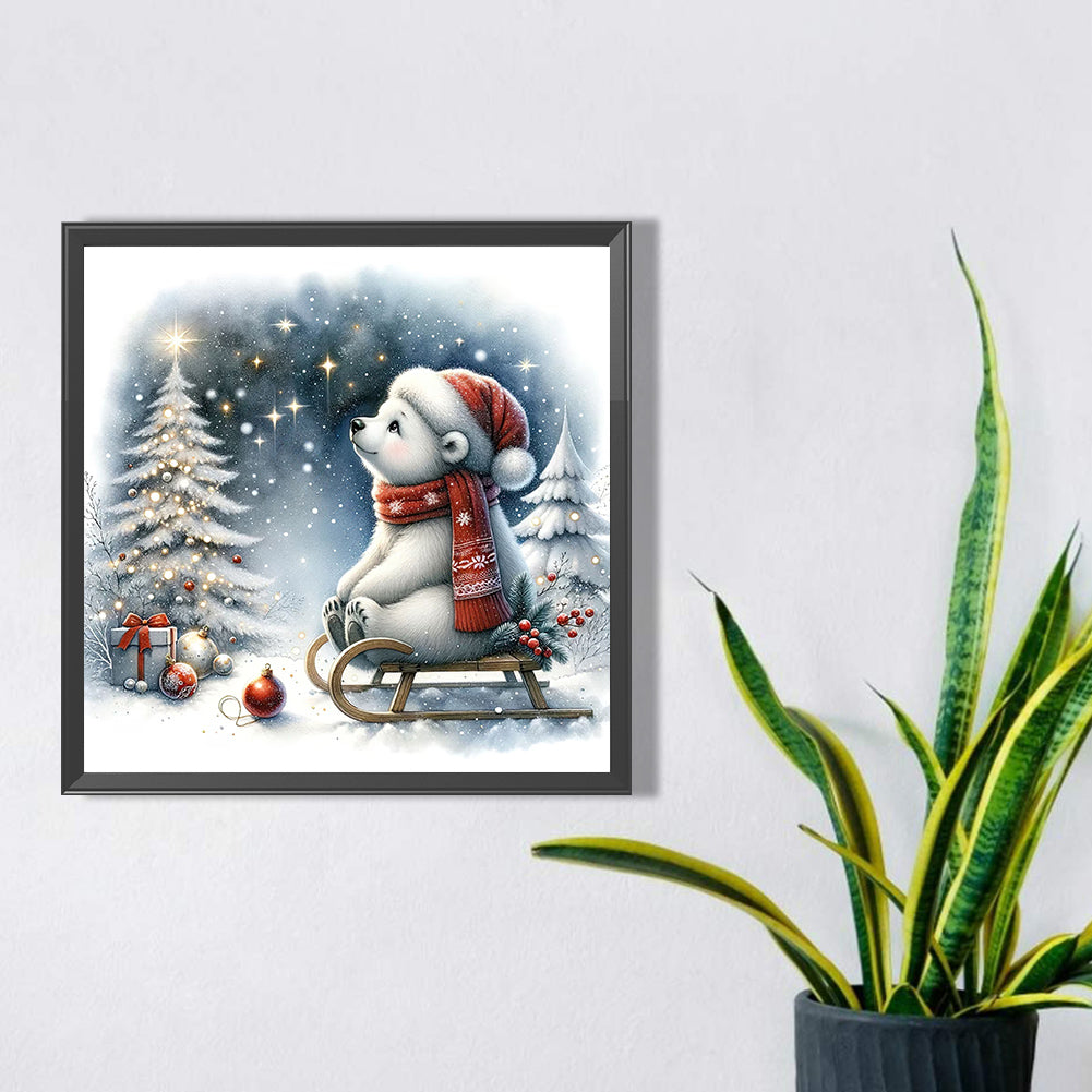 Winter White Bear Looking At Snowy Night - Full Square Drill Diamond Painting 30*30CM