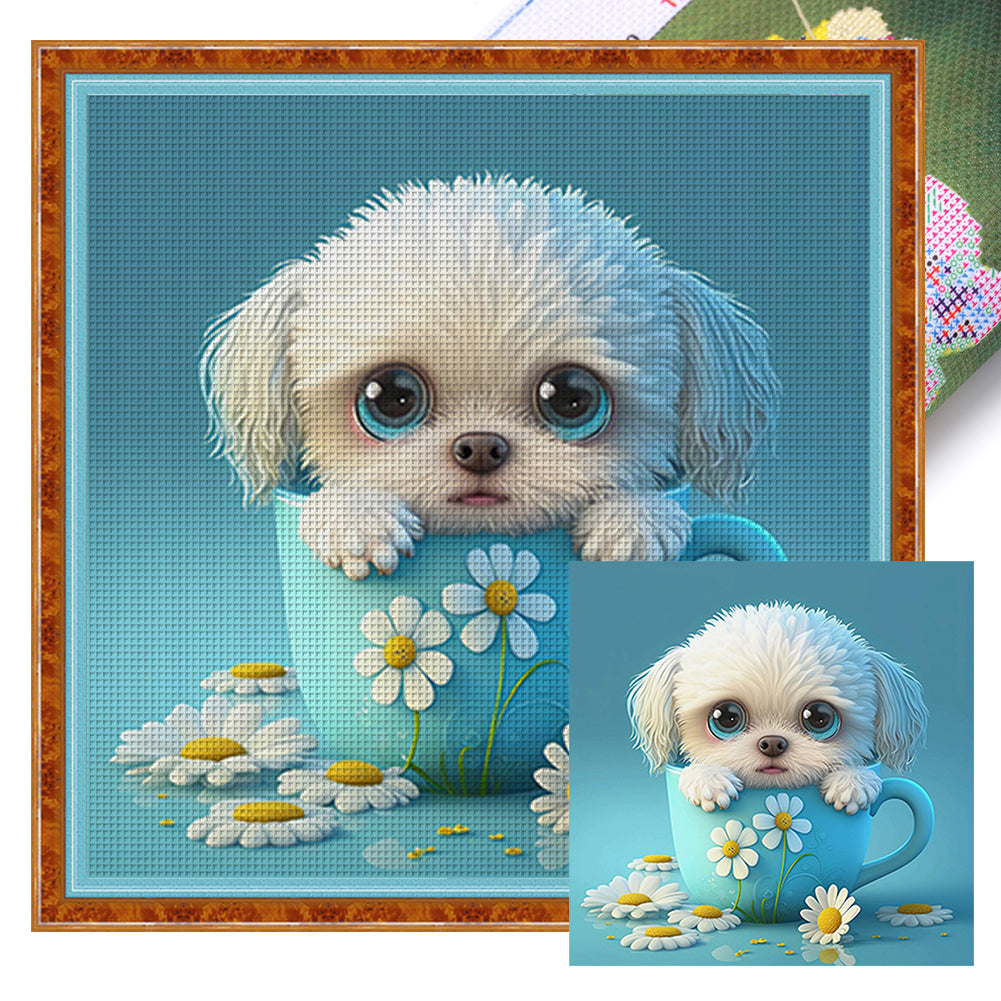 Puppy In Tea Cup - 11CT Stamped Cross Stitch 40*40CM(Joy Sunday)