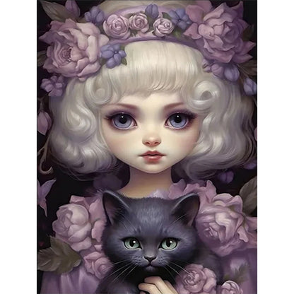 Doll Girl And Black Cat - 14CT Stamped Cross Stitch 45*60CM(Joy Sunday)