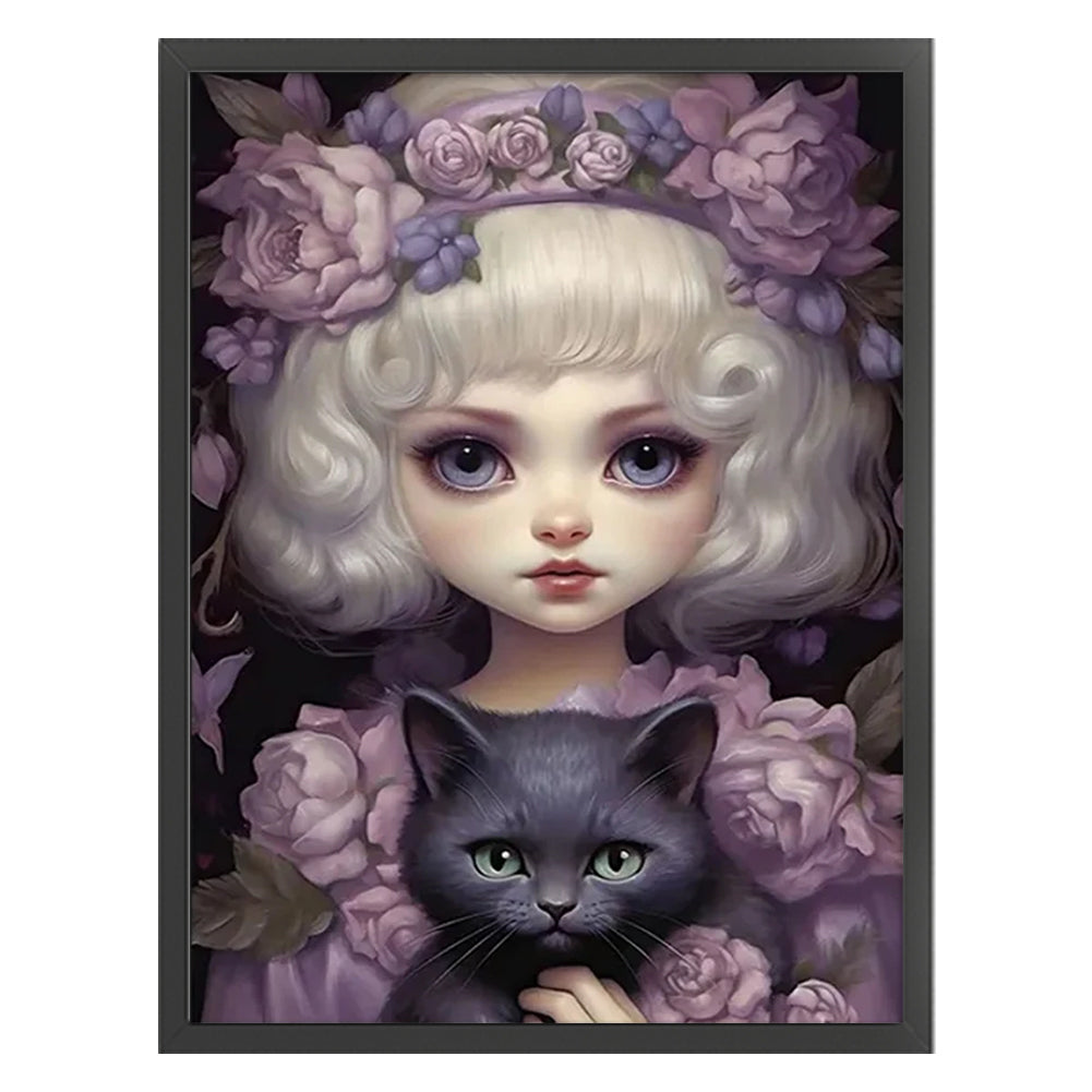 Doll Girl And Black Cat - 14CT Stamped Cross Stitch 45*60CM(Joy Sunday)